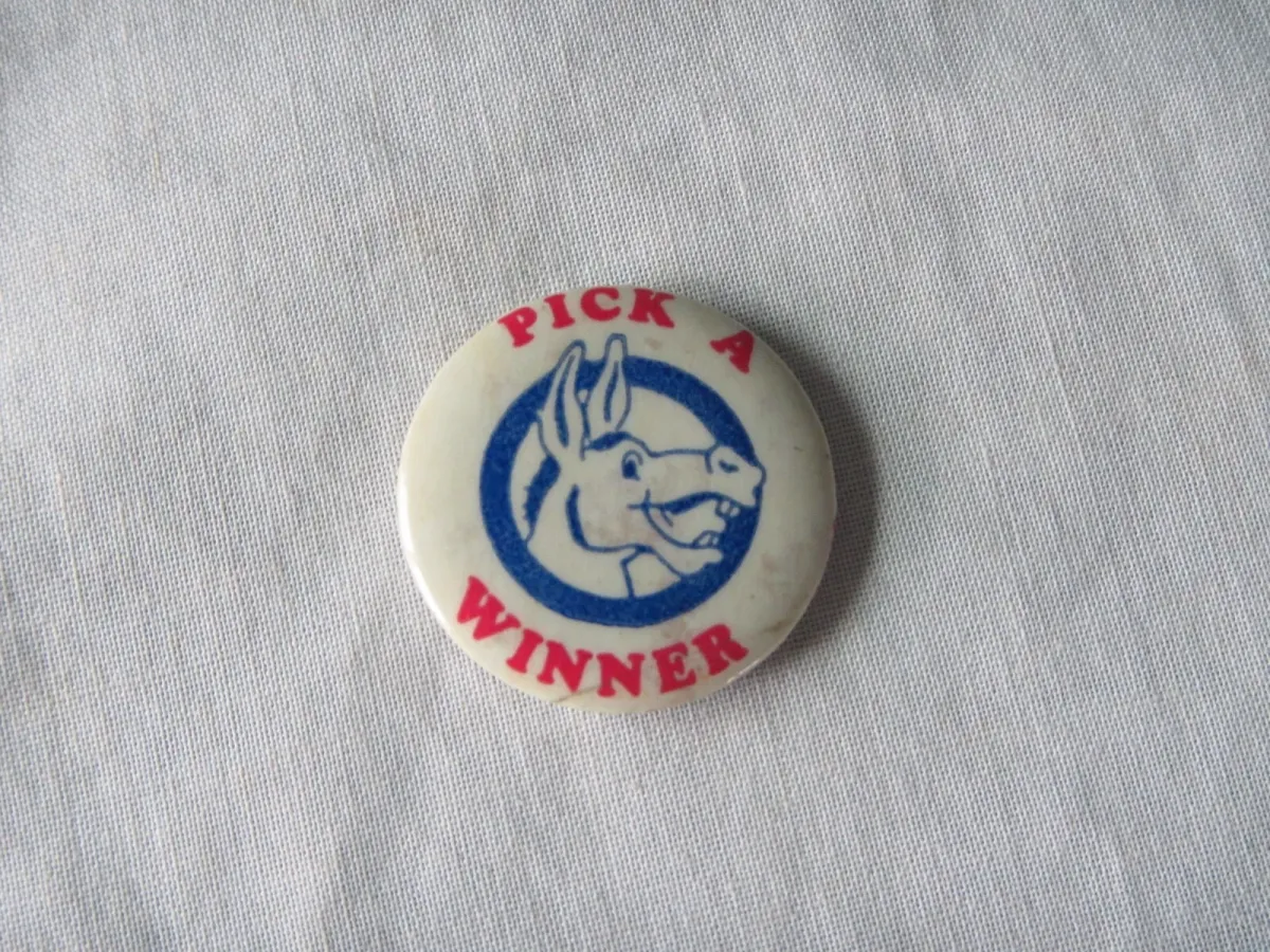 Vintage 1970's pick a winner Democrat Donkey pinback 1 1/4 "
