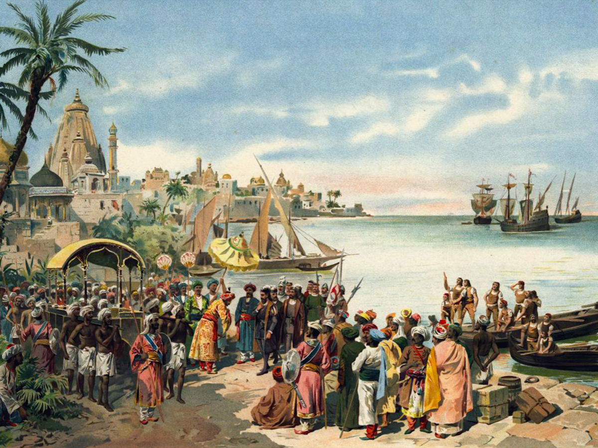 Vasco da Gama arrives Calicut in India, painting by Alfredo Roque Gameiro